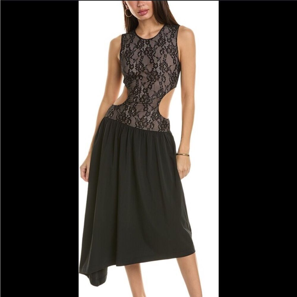 WeWoreWhat Black Lace Cut Out Crepe Poplin Asymmetrical Midi Dress